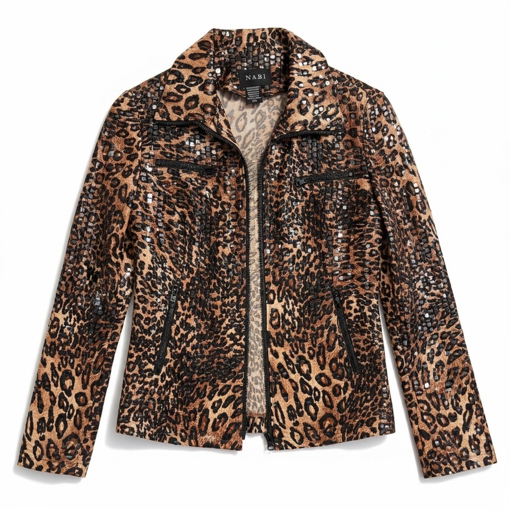 NABI Women's Leopard Print Leather Jacket